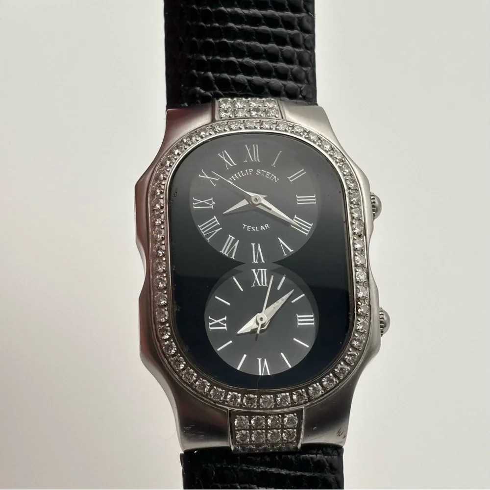 Philip Stein Teslar Dual Time Diamond Bezel Watch 45mm Lizard Strap - Picture 10 of 10